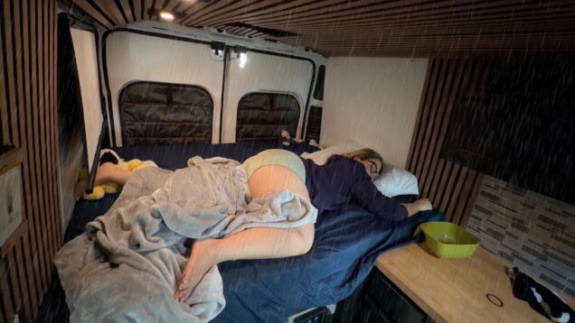 Cozy-Night-Luxury-Van-Camping-In-Heavy-Rain-With-My-Dog